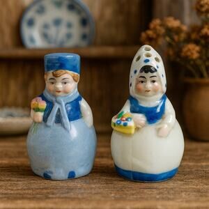 Vintage Dutch Boy Girl Salt Pepper Shakers Blue White Ceramic 3” Corks
